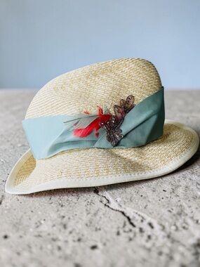 EUGENIA KIM STRAW EMBELLISHED FEATHER FEDORA HAT